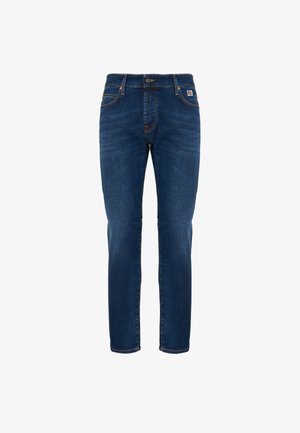 Jeans denim blu scuro a gamba dritta con tasche frontali, passanti per cintura, chiusura con bottoni e leggera scoloritura sulle cosce.