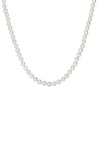 Pearl necklace featuring uniform round pearls in white, with a smooth surface and lustrous sheen, strung in a classic design.