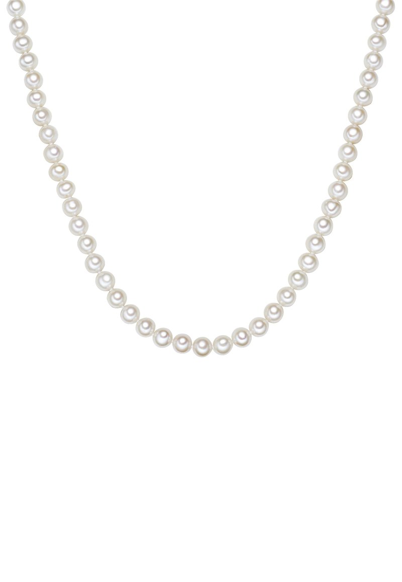 Pearl necklace featuring uniform round pearls in white, with a smooth surface and lustrous sheen, strung in a classic design.