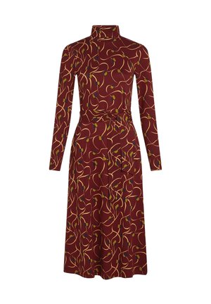 Robe à manches longues et col montant en tissu bordeaux, ornée de motifs tourbillonnants jaunes, verts et bleus ; elle comprend une ceinture en tissu à la taille.