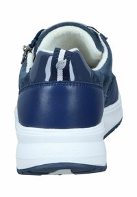 Navy blue sneaker with a leather and suede upper, white sole, zip closure, and striped accents on the heel and tongue.
