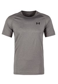 Šedé sportovní tričko s krátkým rukávem a kulatým výstřihem, s malým černým logem Under Armour na levé části hrudi.