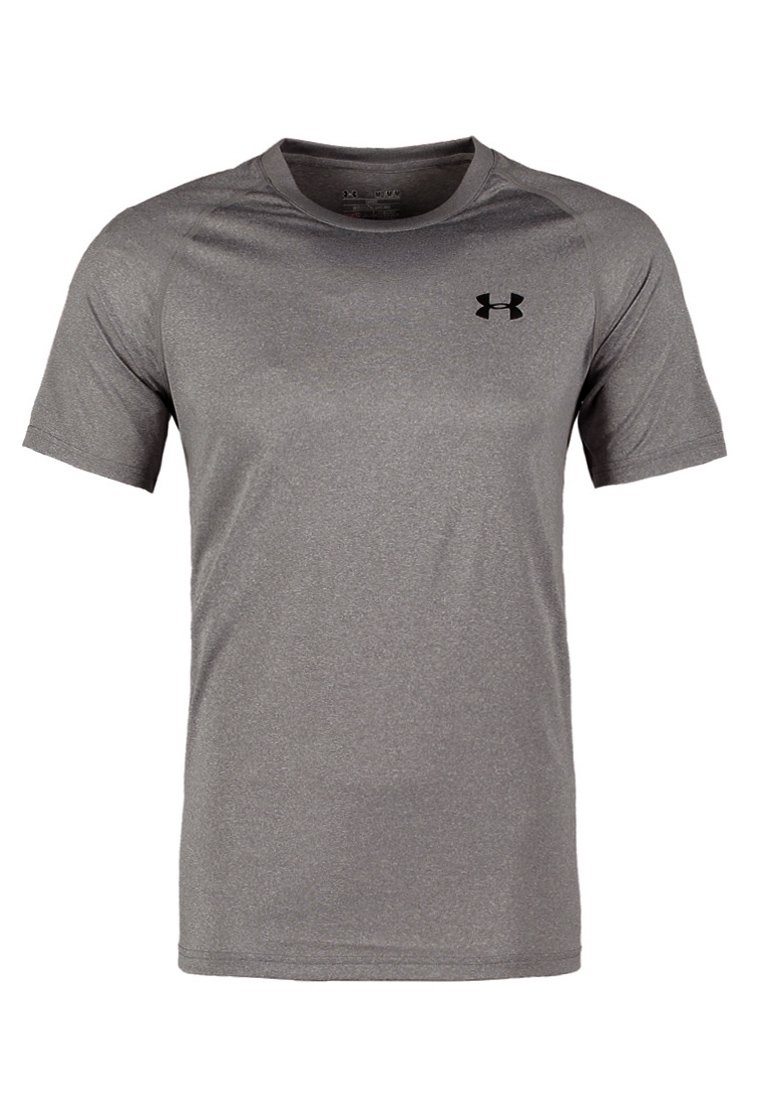 Šedé sportovní tričko s krátkým rukávem a kulatým výstřihem, s malým černým logem Under Armour na levé části hrudi.