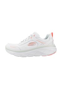 White athletic sneaker with thick sole, pink accents, and ventilated mesh upper, designed for walking and comfort.