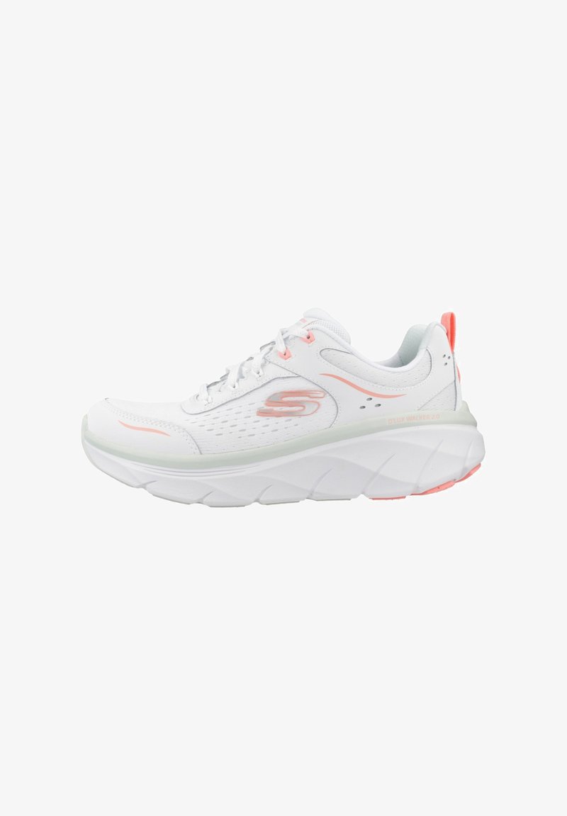 White athletic sneaker with thick sole, pink accents, and ventilated mesh upper, designed for walking and comfort.