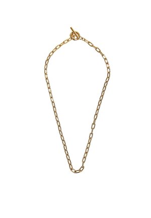 Gouden ketting met rechthoekige schakels en een toggle-sluiting op een witte achtergrond.