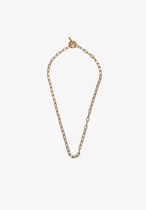 Collier en chaîne dorée avec maillons rectangulaires et fermoir à bascule sur fond blanc.