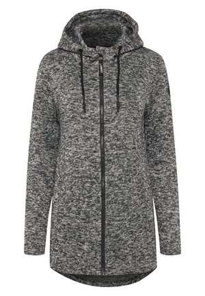 Gray and black hoodie with a full front zipper, adjustable drawstrings, long sleeves, and a rounded hem. Textured knit fabric.