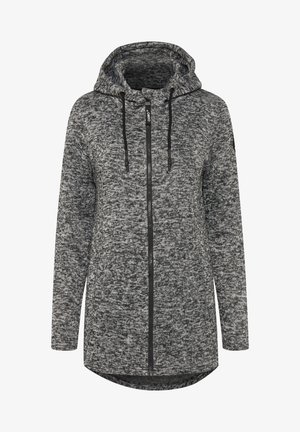Gray and black hoodie with a full front zipper, adjustable drawstrings, long sleeves, and a rounded hem. Textured knit fabric.