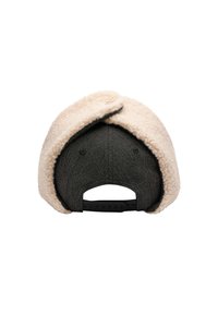 Cappello nero con un rivestimento in pile crema lungo il bordo, dotato di chiusura snapback e una texture morbida.