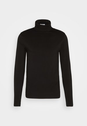 Sort turtleneck langærmet skjorte lavet af et glat stof med en tætsiddende design og en høj, tætsiddende krave. Ingen mønstre eller accenter synlige.