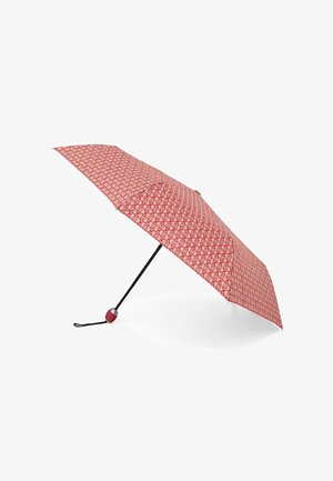 Ombrello rosso con un baldacchino a motivo decorato con motivi bianchi, telaio in metallo nero e manico rotondo rosso. Design compatto per la portabilità.