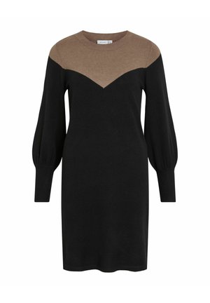 Vestito a maniche lunghe nero e marrone con un design a blocchi di colore a forma di V, maniche a sbuffo e polsini a costine. Texture lavorata a maglia.
