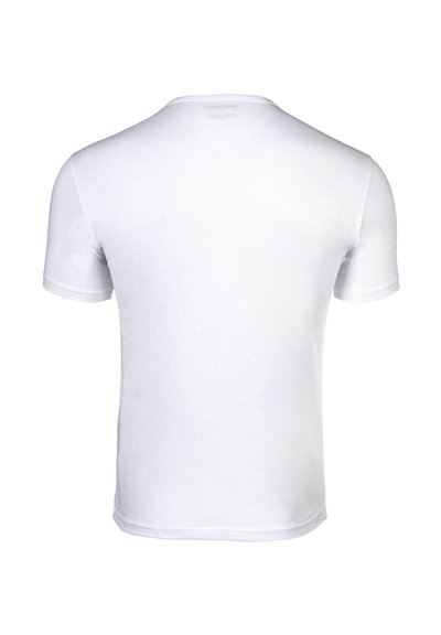 Vista posteriore di una maglietta bianca a maniche corte con scollo a girocollo su sfondo bianco.