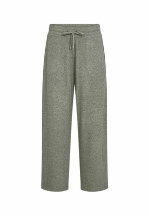 Grey, wide-leg pants made of soft fabric, featuring an elastic waistband with a drawstring and two side pockets.