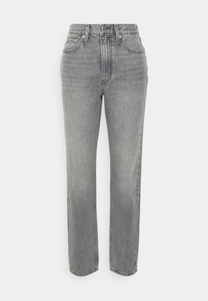  Hoge taille, rechte jeans in lichtgrijze denim, met een knoopsluiting, vijf zakken en subtiele vervaging voor textuur.