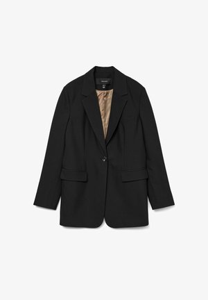 Czarna marynarka z gładkiego materiału, z pojedynczym zapięciem na guzik, dwoma przednimi kieszeniami i satynowym wykończeniem w kolorze szampana.