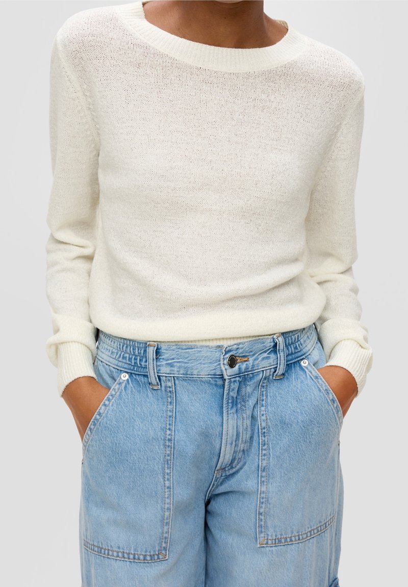 Maglione leggero di colore crema, con colletto a giro e polsini a coste, abbinato a pantaloni in denim azzurro chiaro a vita alta con tasche frontali.