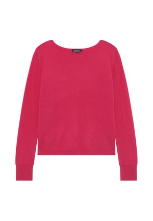 Magenta roze trui met lange mouwen, ronde halslijn en geribde mouwen en zoom. Zachte textuur, eenvoudig ontwerp, geen patronen of hardware.