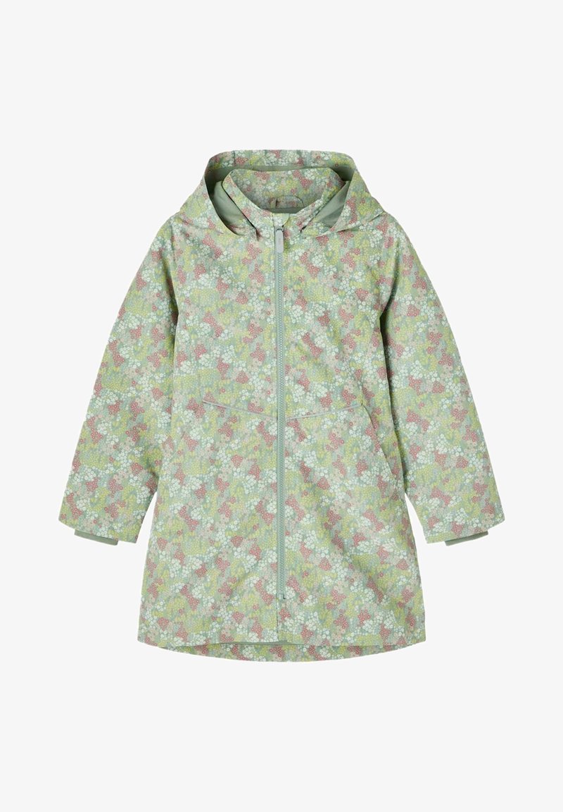 Veste de pluie à capuche vert clair avec un motif floral en rose, blanc et bleu. Dispose d'une fermeture éclair frontale et de deux poches latérales.