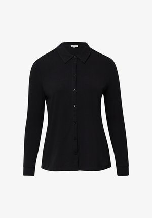 Black long-sleeve button-up shirt with a spread collar, made from a smooth fabric, featuring front buttons and a relaxed fit.