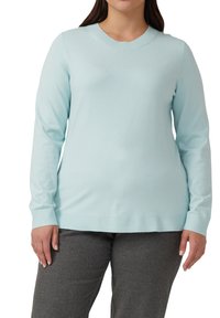 Vrouw in een lichtblauwe lange mouwen trui en donkergrijze broek, staand met ontspannen handen langs haar zij, op een witte achtergrond.