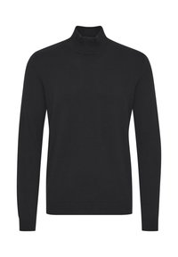 Pull à col roulé noir avec manches longues, confectionné dans un tissu tricoté lisse. Comprend un col et un ourlet côtelés pour plus de texture.