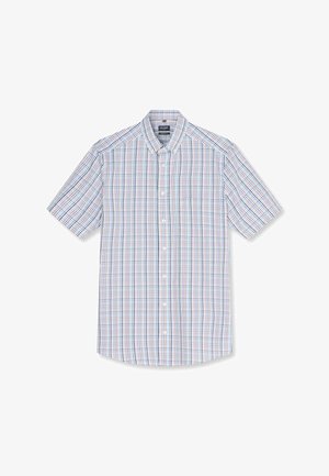 Kurzärmeliges Hemd zum Knöpfen mit kariertem Muster in Blau, Rot und Grün sowie einer Fronttasche auf weißem Hintergrund.