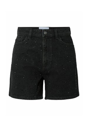Fekete farmer rövidnadrág szétszórt apró ezüst szegecsekkel, elöl gombos és cipzáras záródással, valamint elől zsebekkel.