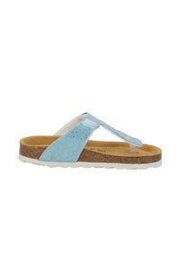 Blaue Glitzer-Flip-Flops mit flachem, strukturiertem Korkfußbett und weißer Gummisohle. Verfügt über ein T-förmiges Design für einen offenen Zehenbereich.