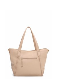 Beżowa skórzana torba typu tote z dwoma górnymi uchwytami, główną komorą zapinaną na zamek oraz zewnętrzną kieszenią na zamek. Gładka faktura.