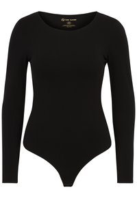 Musta pitkähihainen bodysuit joustavasta materiaalista, jossa on korkea leikattu lahkeensuu ja sileä, vartalonmyötäinen muotoilu avonaisella kaula-aukolla.