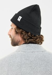 Black knitted beanie with a pointed top, featuring a white label with a tree graphic. Worn with a gray, textured fleece jacket.