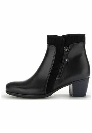 Black leather ankle boot with a suede panel, side zipper closure, rounded toe, and a block heel. Smooth texture with a sleek design.
