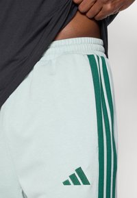 Ανοιχτό μπλε αθλητικά παντελόνια με πράσινες ρίγες στα πλάγια και κεντημένο λογότυπο. Η ζώνη είναι ελαστική και το ύφασμα φαίνεται μαλακό.