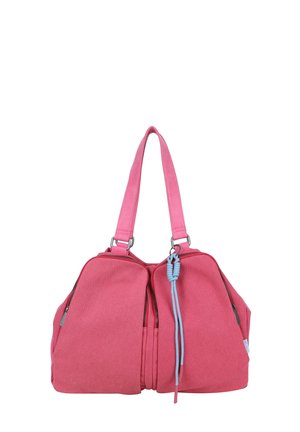 Sac à main en tissu rose avec deux compartiments zippés, double bandoulière et un cordon bleu attaché à une fermeture éclair.