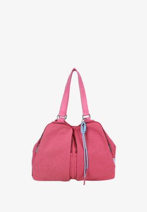 Pink fabric handbag with two zippered compartments, double shoulder straps, and a blue cord tied on one zipper pull.