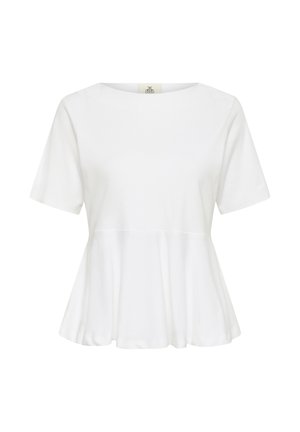 Top alb cu mâneci scurte, cu peplum, guler rotund și detaliu evazat în talie, pe un fundal simplu.