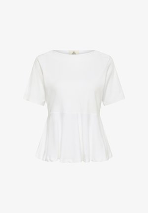 Top alb cu mâneci scurte, cu peplum, guler rotund și detaliu evazat în talie, pe un fundal simplu.