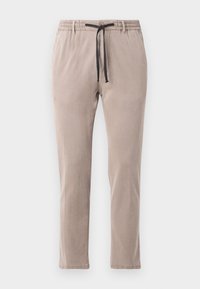 Beige trousers with an elastic waistband and black drawstring. Straight-leg design with a soft texture and minimal stitching details.