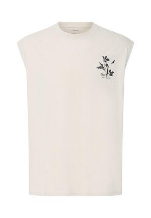 Camiseta blanca sin mangas con cuello redondo, gráfico floral negro y texto "Solid Est. 1999" en la parte superior izquierda del pecho.