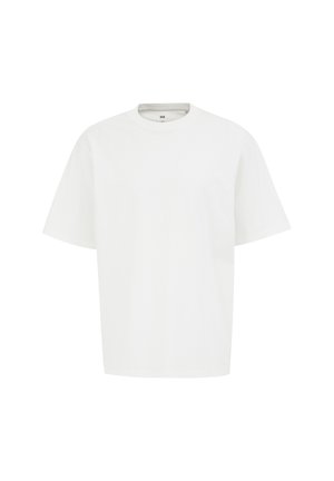 T-shirt bianco a maniche corte in cotone, con scollatura rotonda e vestibilità morbida. Tessuto liscio senza motivi o dettagli visibili.
