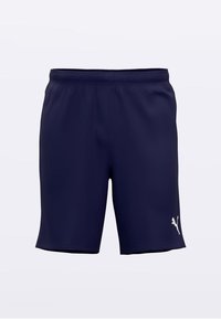 Marineblaue Sportshorts mit elastischem Bund, aus glattem Stoff gefertigt. Mit weißem Puma-Logo unten rechts. Klassischer gerader Schnitt.