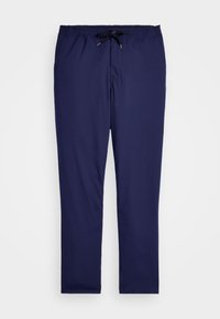 Námořnické modré, lehké kalhoty s elastickým pasem, nastavitelnou šňůrkou a rovnýma nohama. Hladký povrch, bez vzorů.