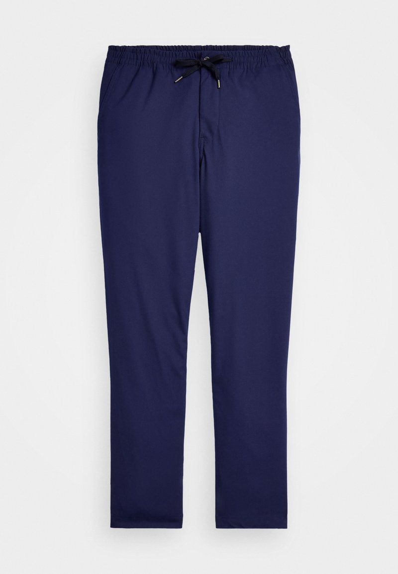 Námořnické modré, lehké kalhoty s elastickým pasem, nastavitelnou šňůrkou a rovnýma nohama. Hladký povrch, bez vzorů.