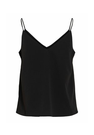 Zwart mouwloos damestopje met dunne spaghetti bandjes en een V-hals op een witte achtergrond.