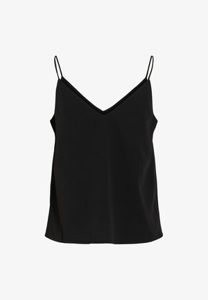 Zwart mouwloos damestopje met dunne spaghetti bandjes en een V-hals op een witte achtergrond.