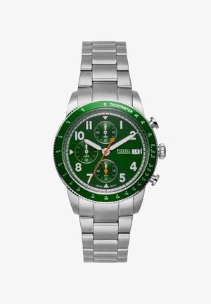 Orologio cronografo verde con cinturino in acciaio inossidabile; presenta numeri bianchi ben visibili, tachimetro e dettagli arancioni sui sub-quadranti.