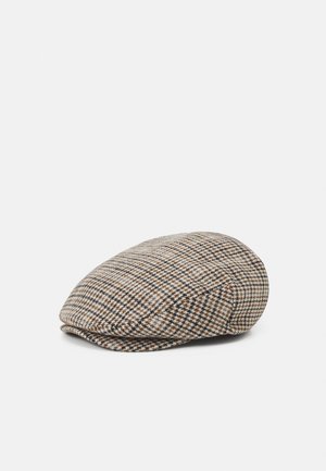 Flat cap with brown, black, and cream houndstooth pattern, displayed on a white background.