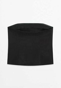 Black, non-textured strapless top with a smooth finish, featuring a straight hem and concealed zipper at the back.